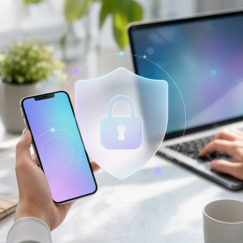 Phone and laptop with a privacy shield representing Telos Privacy